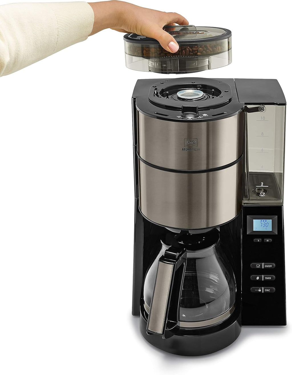 Melitta AromaFresh - Cafetera de filtro - con jarra de cristal - molinillo integrado - función de temporizador - 10 tazas - Negro puro