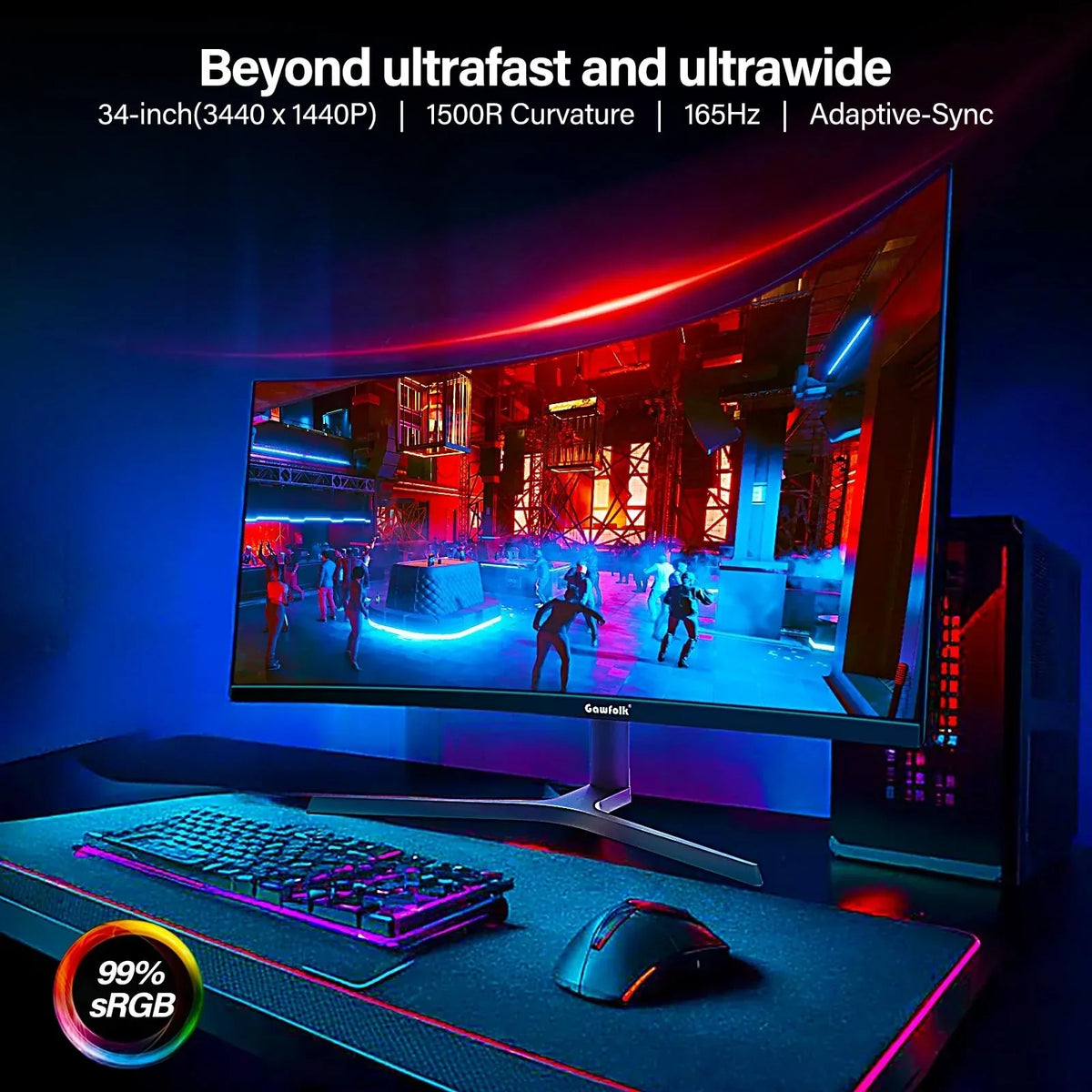 Monitor gaming curvo ultrawide Gawfolk de 34 pulgadas 165Hz UWQHD 3440x1440 1500R VA, altura ajustable, DP, HDMI, VESA 75x75