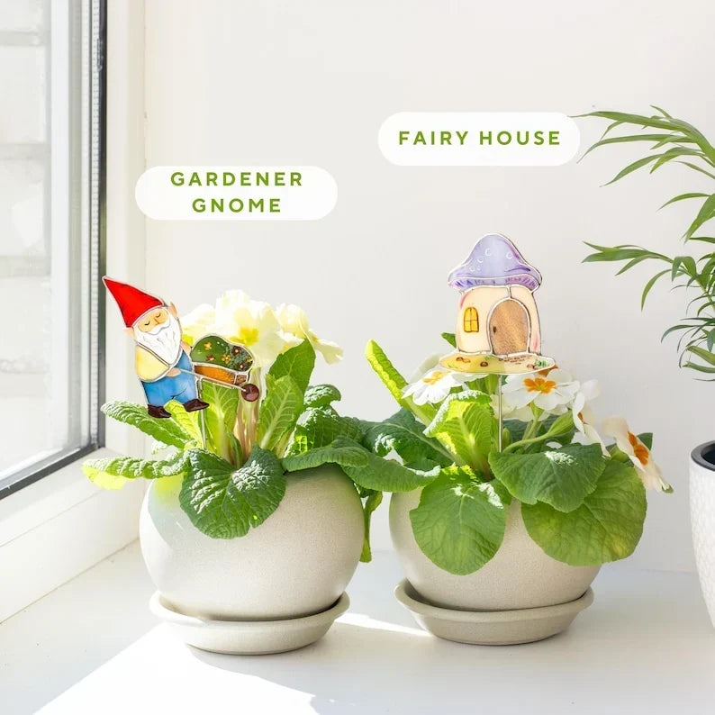 Set de atrapasoles de vitral de gnomo y casa de hongos para plantas