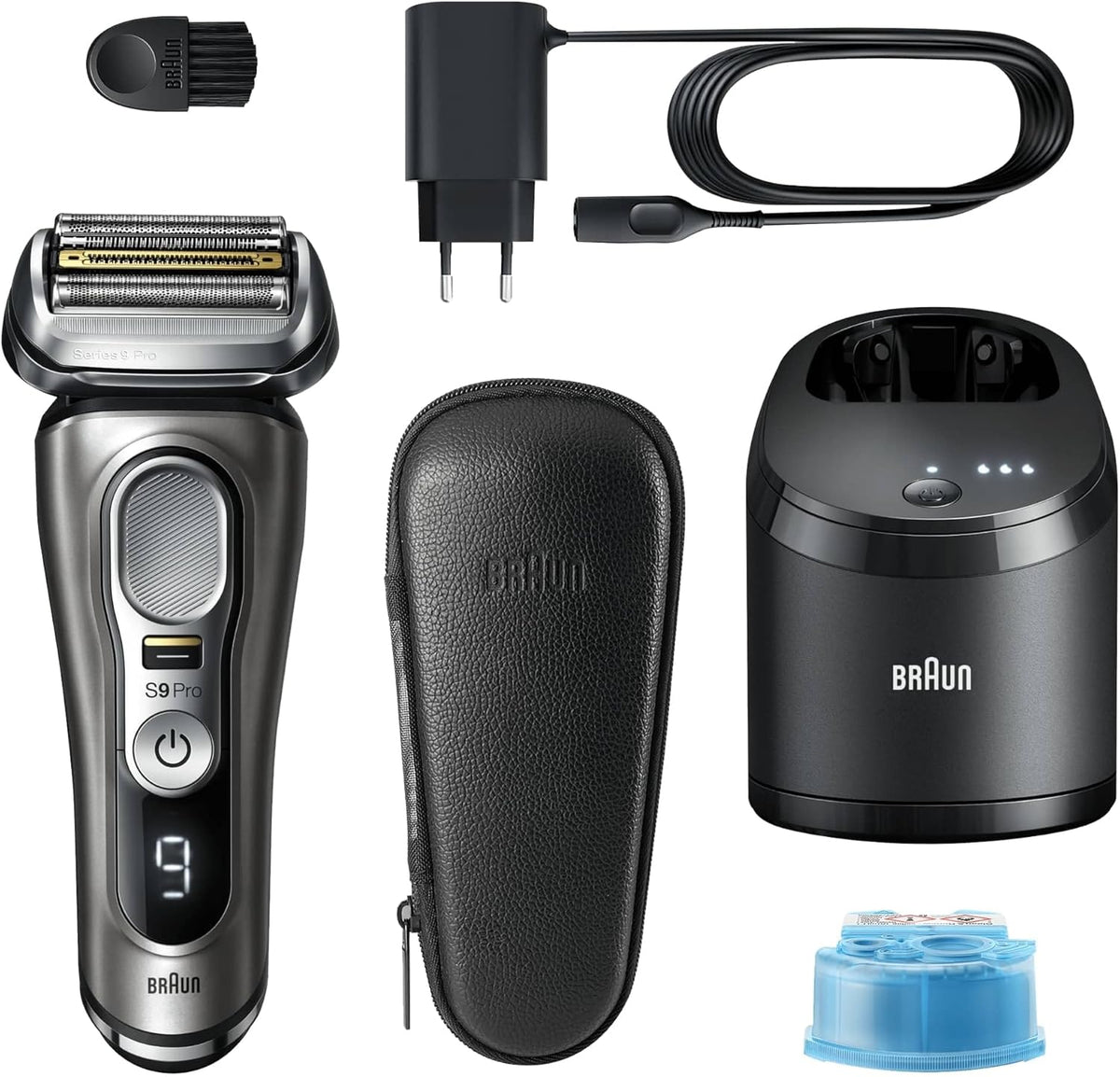 Afeitadora Braun Series 9 Pro Premium para hombre, ganadora del test de Stiftung Warentest, cabezal de afeitado 4+1, afeitadora eléctrica y recortadora, estación de limpieza, 60 min de autonomía, 9465cc, metal noble