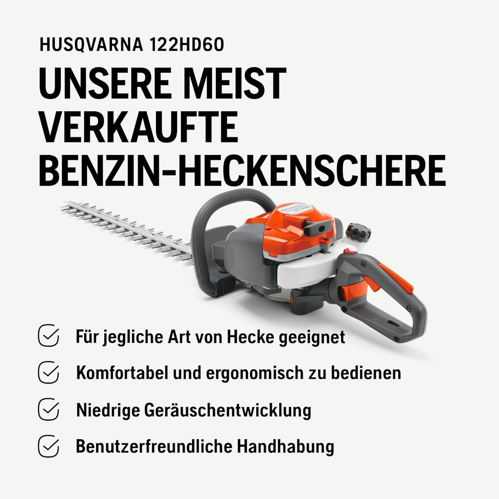 Cortasetos de gasolina Husqvarna 122HD60: motor de 21,7 cm³, cuchilla de doble acción de 59 cm, reducción de vibraciones LowVib®, tecnología Smart Start®, empuñadura trasera ajustable