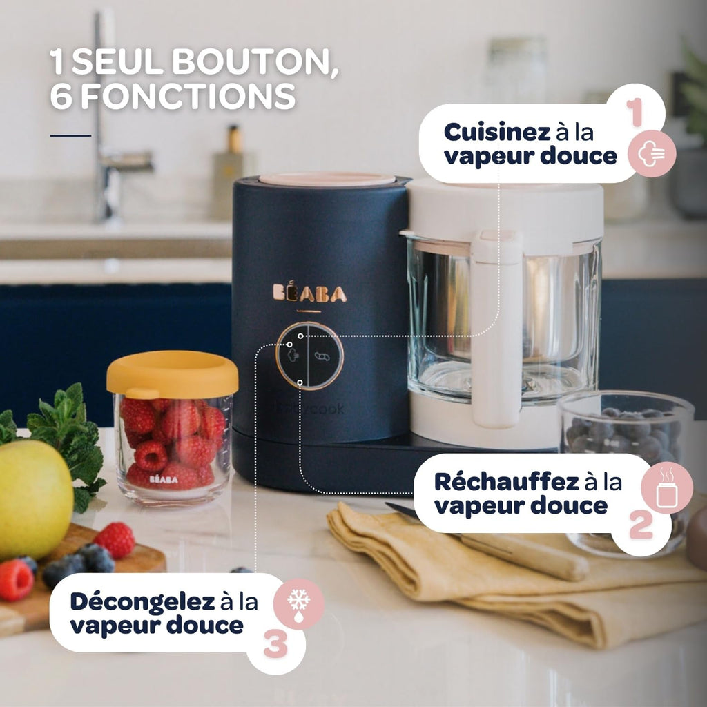 BÉABA - Babycook Néo - Robot para bebés hecho en Francia - Batidora-Cocedor - Bol de cristal y cubeta de acero inoxidable - Diversificación alimentaria - Potitos caseros para bebés - Cocción al vapor suave y rápida - Azul noche