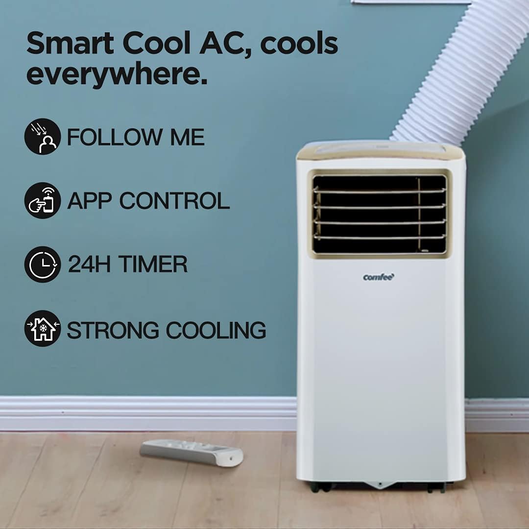 Aire acondicionado portátil Comfee Breezy Cool Pro 2.6, 9000 BTU 2,6 kW, refrigeración, ventilación y deshumidificación, control por aplicación, para habitaciones de hasta 88 m³ (33 m²), aire acondicionado móvil con tubo de escape
