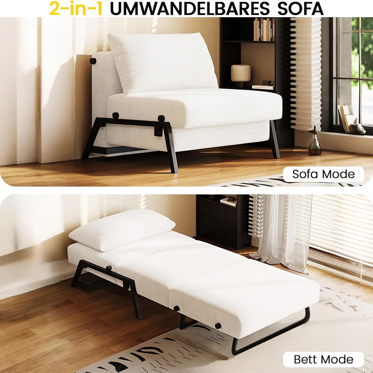 Sillón cama genérico 2 en 1, sofá cama con función de cama, sillón cama convertible con cojín, tela de pana, estructura de metal, sofá de suelo para salón y dormitorio