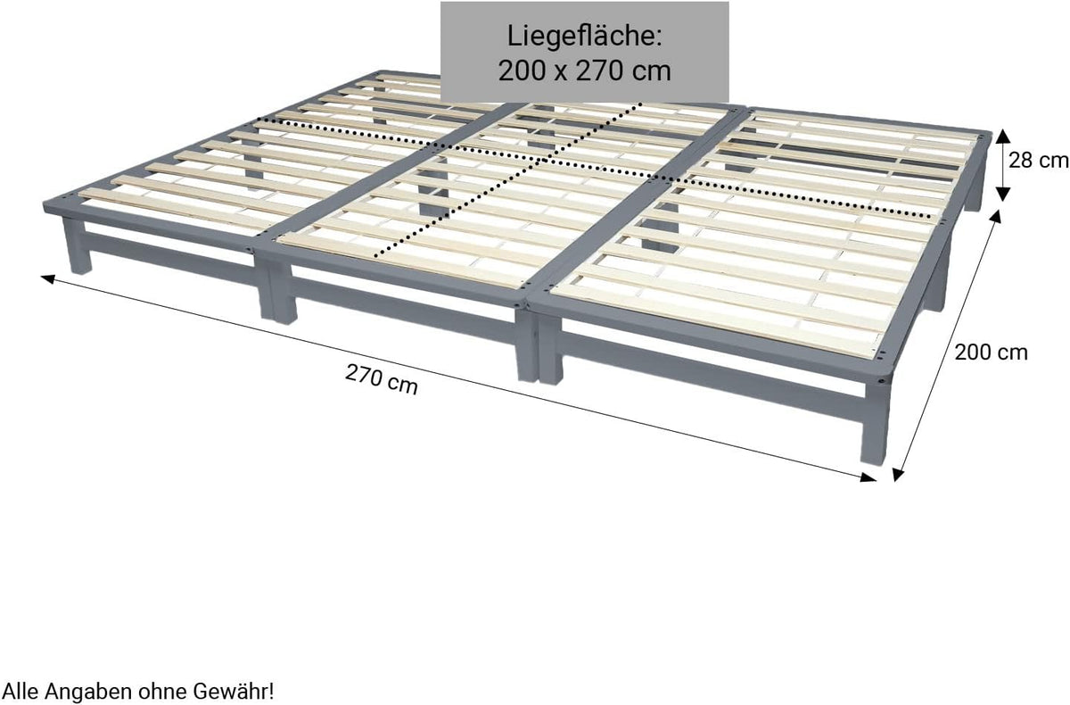 Homestyle4u Cama familiar 270x200 cm, cama de palés de madera maciza, gris | Modular de 3x 90x200 cm – incl. somier, pino macizo, altura 28 cm, para dormitorio y habitación infantil