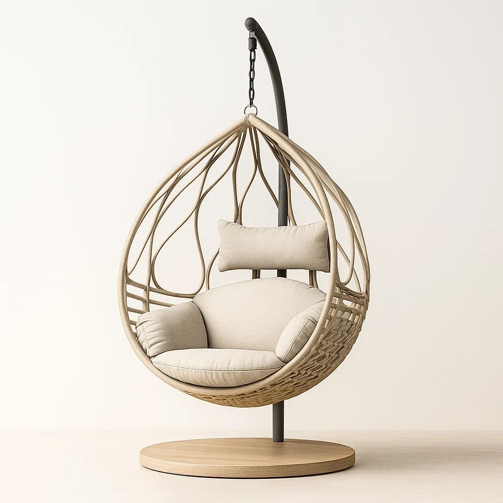 Sillón huevo colgante de ratán con cojines beige y base de madera para interiores