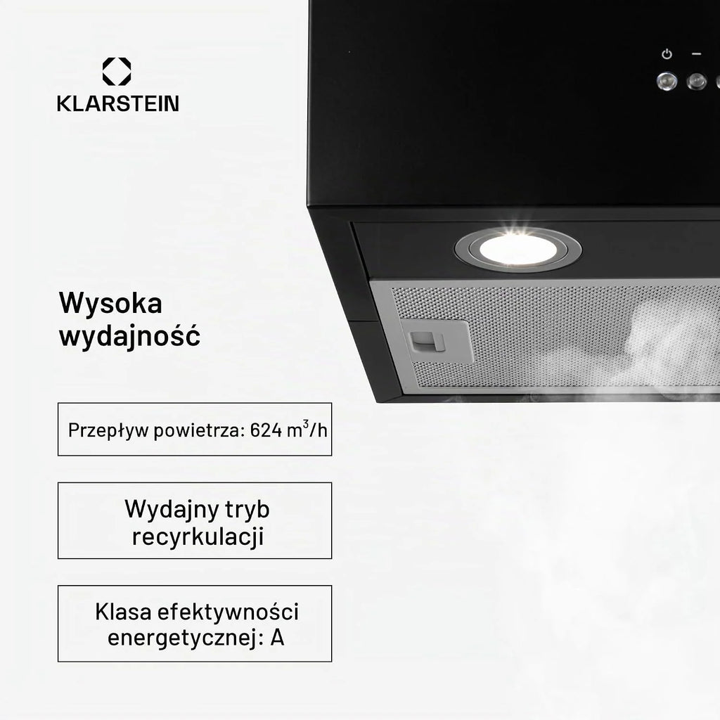 Klarstein Okap kuchenny, Okap wyspowy wiszący, wyciągowy/z recyrkulacją, Nowoczesny z 3 biegami, Timer, Przepływ 624 m³/h, Filtr węglowy, Wydajny wyspowy, Czarny