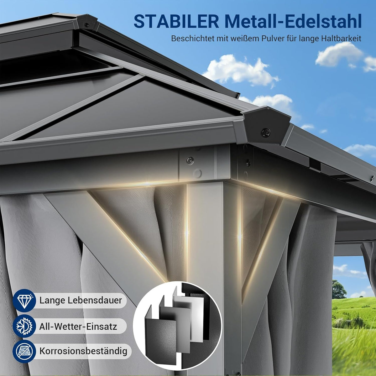 UDPATIO Gazebo de 3x4 m de policarbonato con doble techo y cortinas, aleaciones resistentes a la intemperie - Cenador de jardín impermeable, estable, resistente al invierno, con protección UV, postes de 6x6 cm de grosor para jardín, terraza, gris