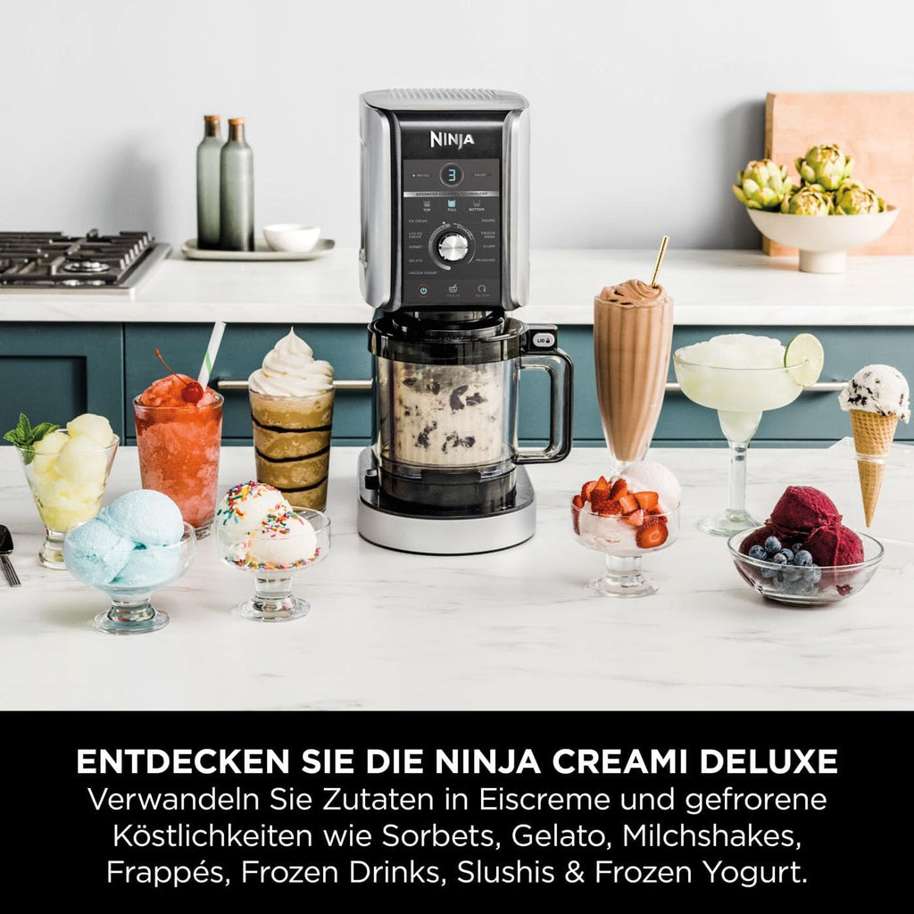 Ninja CREAMi Deluxe Heladera y máquina de bebidas heladas con 2 recipientes, 10 funciones, prepara helado, gelato, sorbete, yogur helado, batidos, granizados y más, opción de 2 sabores en 1, plateado, NC502EU