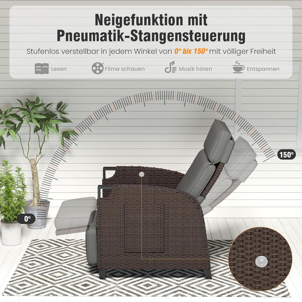 Tumbona Relax Amopatio, hamaca de ratán con respaldo ajustable y mesa plegable, sillón de jardín para exterior resistente a la intemperie, para terraza, jardín, balcón – Gris y Marrón