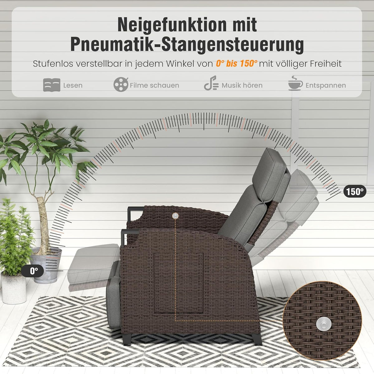 Tumbona Relax Amopatio, hamaca de ratán con respaldo ajustable y mesa plegable, sillón de jardín para exterior resistente a la intemperie, para terraza, jardín, balcón – Gris y Marrón