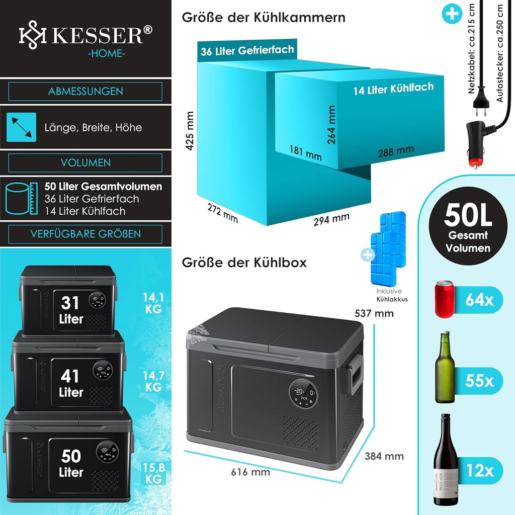 Nevera portátil con compresor KESSER 2 en 1 de doble zona, refrigeración y congelador eléctrico con 2 acumuladores de frío y panel táctil LED | Refrigerador con enfriamiento hasta -20 °C para camping, coche, camión 12/24V 230V