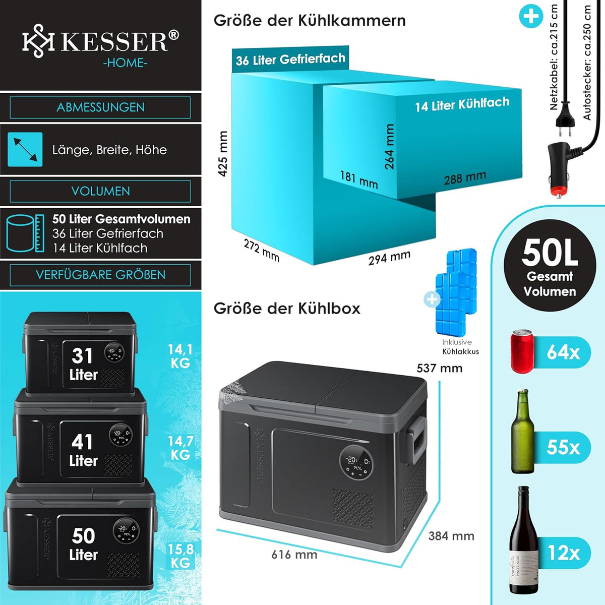 Nevera portátil con compresor KESSER 2 en 1 de doble zona, refrigeración y congelador eléctrico con 2 acumuladores de frío y panel táctil LED | Refrigerador con enfriamiento hasta -20 °C para camping, coche, camión 12/24V 230V