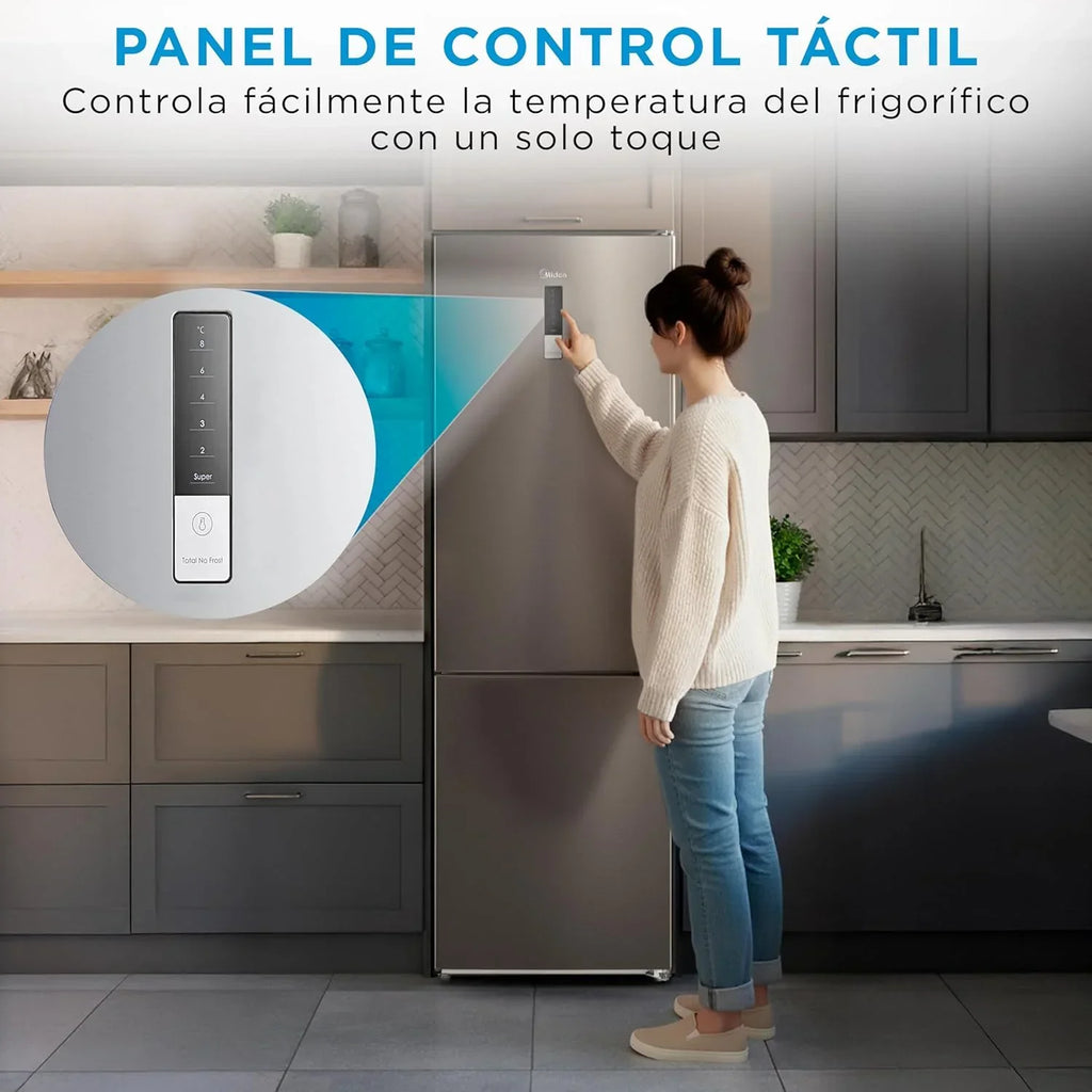 Frigorífico Combi No Frost Midea | 60 cm de ancho x 188 cm de alto | Inox | Nevera de libre instalación, 224 L + 86 L de congelador - Refrigerador de bajo consumo con congelador vertical