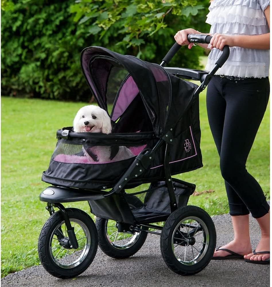 Cochecito para mascotas No-Zip NV para gatos/perros, entrada sin cremallera, plegado fácil con una sola mano, ruedas con relleno de gel, cojín de felpa + protector contra la intemperie incluidos, 3 colores