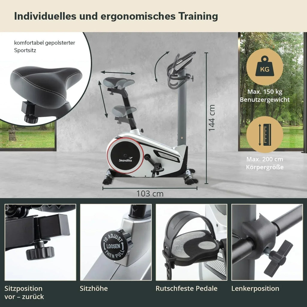 Bicicleta estática ergométrica Morpheus, sistema de freno magnético, 12 kg de masa de inercia, 32 niveles, 24 programas, compatible con la aplicación Kinomap, 150 kg, 144x56x103 cm