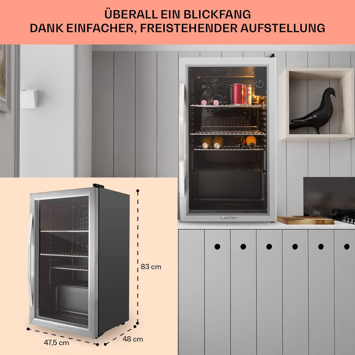 Mininevera Klarstein con puerta de cristal para habitaciones, refrigerador de bebidas con estantes ajustables, pequeño de 80 litros, frigorífico silencioso para interiores/exteriores