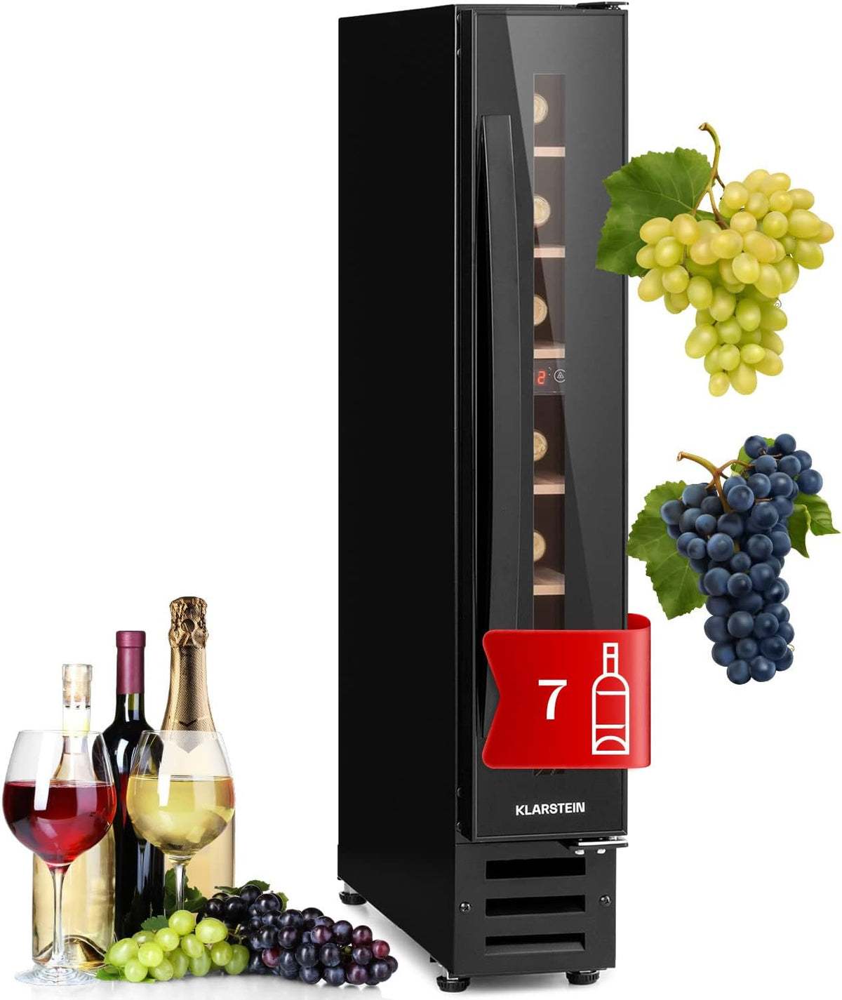 KLARSTEIN Vinovilla Vinoteca Encastrable, Nevera para Vinos, Zona única, Bodega Envejecimiento, Botellas de Prosecco, Pantalla Táctil, Mininevera 5-22°C, 20L, 7 Botellas, Negro Ónix