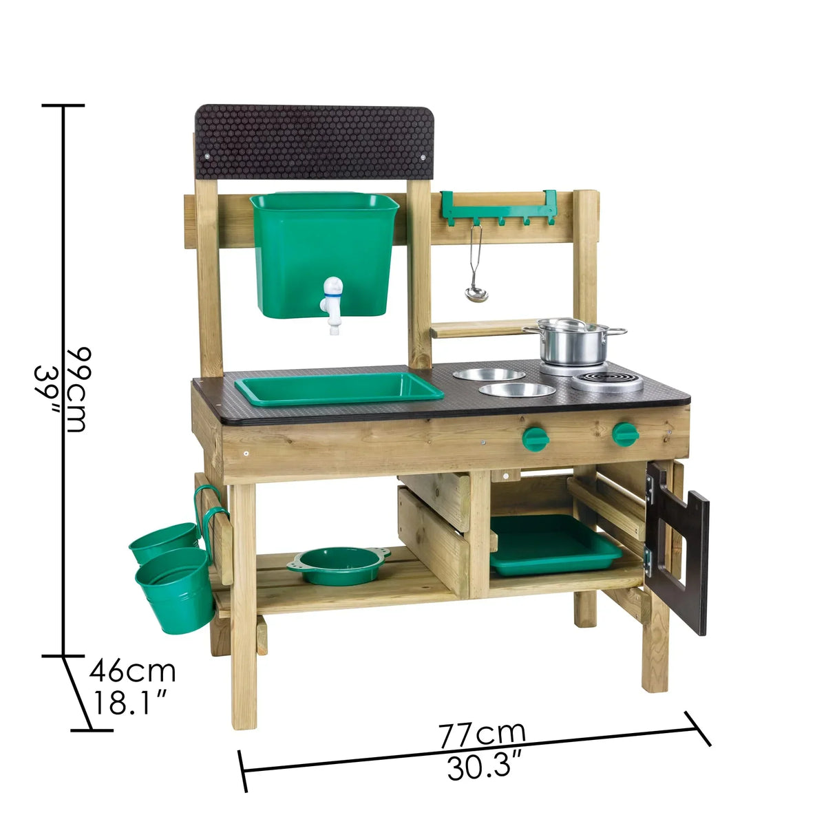 Cocina de juguete para exteriores E3193 de madera de pino para niños a partir de 3 años con fogones, horno, fregadero, depósito de agua y accesorios de cocina