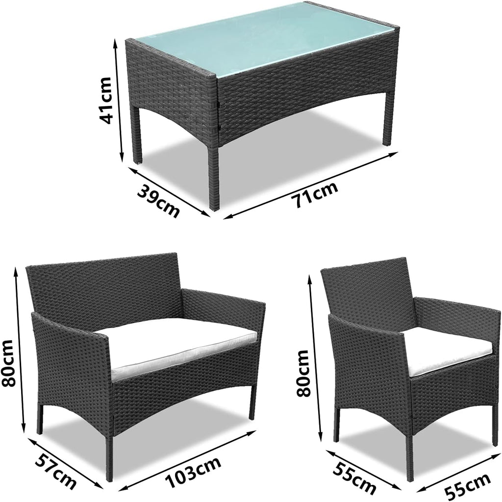Set de muebles de jardín de ratán sintético para 4 personas, con sofá de 2 plazas, 2 sillas, mesa y cojines, resistente a la intemperie, conjunto de muebles de terraza y balcón en negro para jardín, patio y balcón