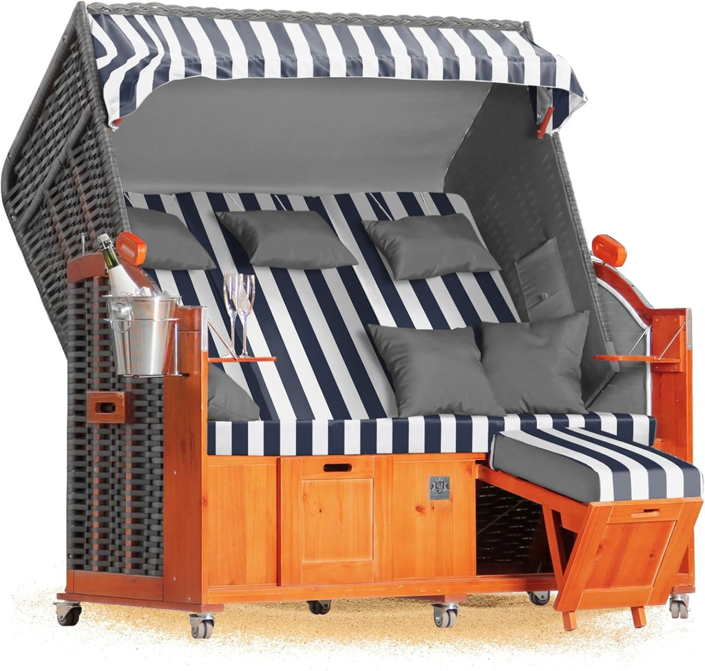 Strandkorb Hanse Ostsee 2,5 plazas Klassik XXL, 160 cm de ancho - Reclinable, ya montado, incluye ruedas para strandkorb, ideal para el hogar, balcón y terraza