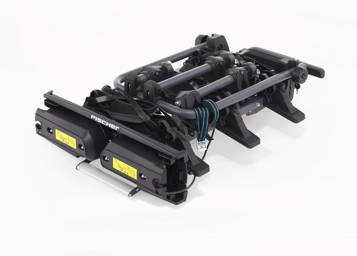 Portabicicletas de enganche Fischer ProlineEvo 2, para 2 bicicletas hasta 60 kg de carga útil, apto para bicicletas eléctricas, premontado, bloqueable, plegable