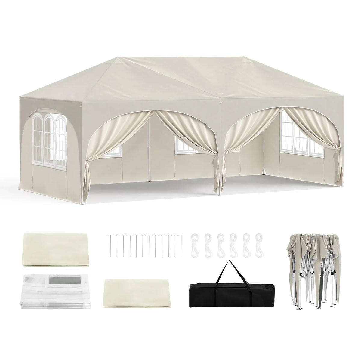 WOLTU Cenador plegable 3x6m Pop up con 6 paredes laterales, carpa de fiesta, beige, UPF 50+, impermeable, altura ajustable, resistente al viento
