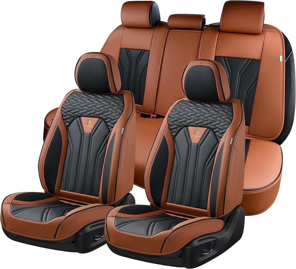 Fundas de asiento trasero FLORICH, fundas de asiento de coche de piel, protector de asiento trasero impermeable, cojín de asiento universal para la mayoría de coches, camionetas y SUV - Marrón y negro