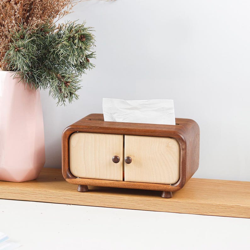 Mini caja de pañuelos de madera con diseño de armario, nogal, compacta