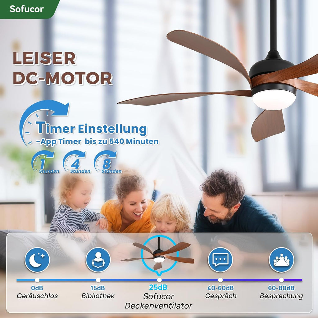 Ventilador de techo inteligente Sofucor con luz, 132 cm, compatible con Alexa/APP, control remoto, 3 temperaturas de color, temporizador, 6 velocidades, motor CC silencioso para sala de estar