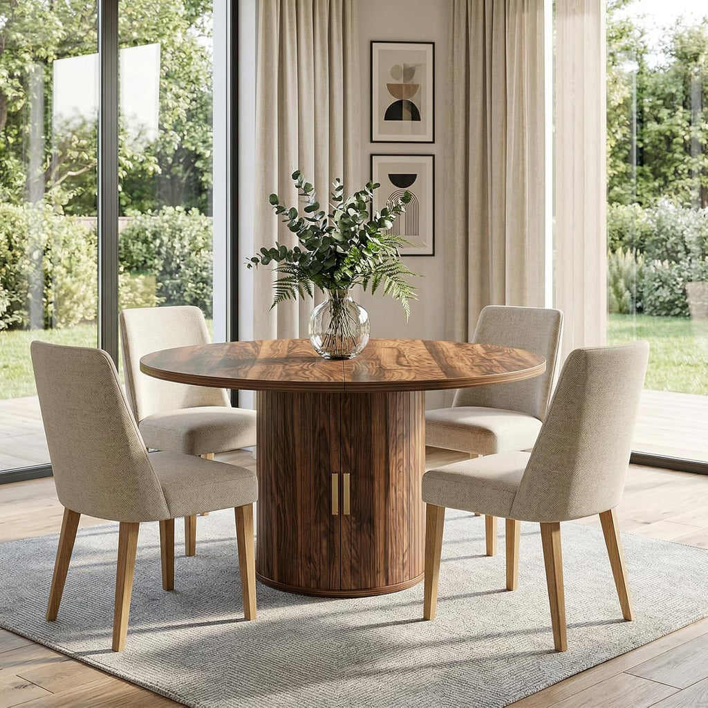 Mesa de comedor extensible, mesa de comedor redonda con base de madera, extensible a ovalada, mesa de cocina moderna para 4-6 personas, marrón rústico, base de pedestal
