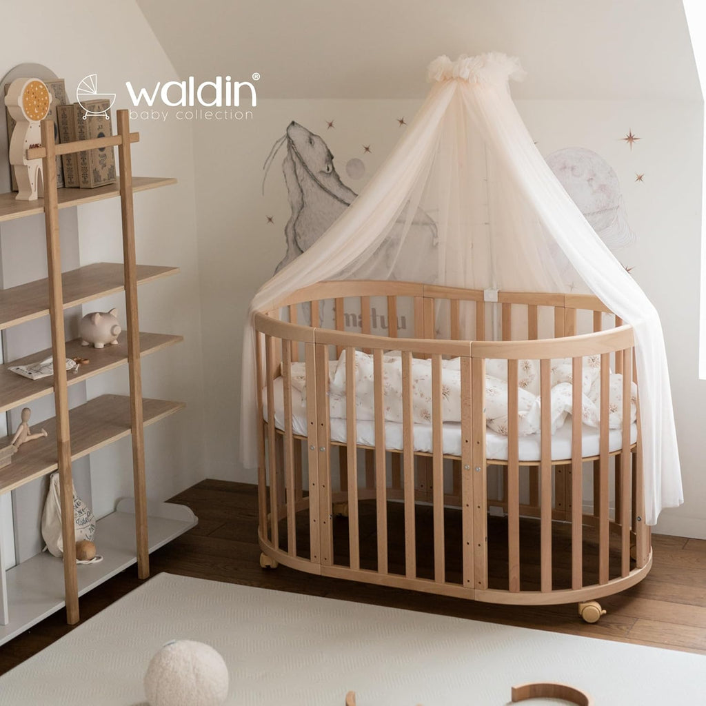 Cuna ovalada evolutiva Waldin, set completo 7 en 1, cuna de barrotes, cama infantil con colchón, cambiador, cuna colecho, madera blanca