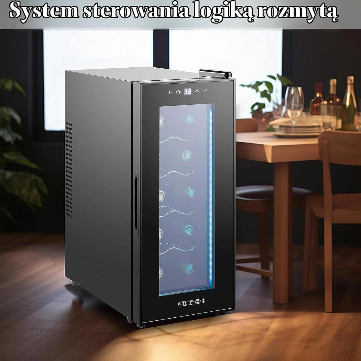 Echos Lodówka na wino, na 10 butelek, 28 l, oświetlenie LED, chłodziarka do wina, mini lodówka na wino, mini bar ze szklanymi drzwiczkami