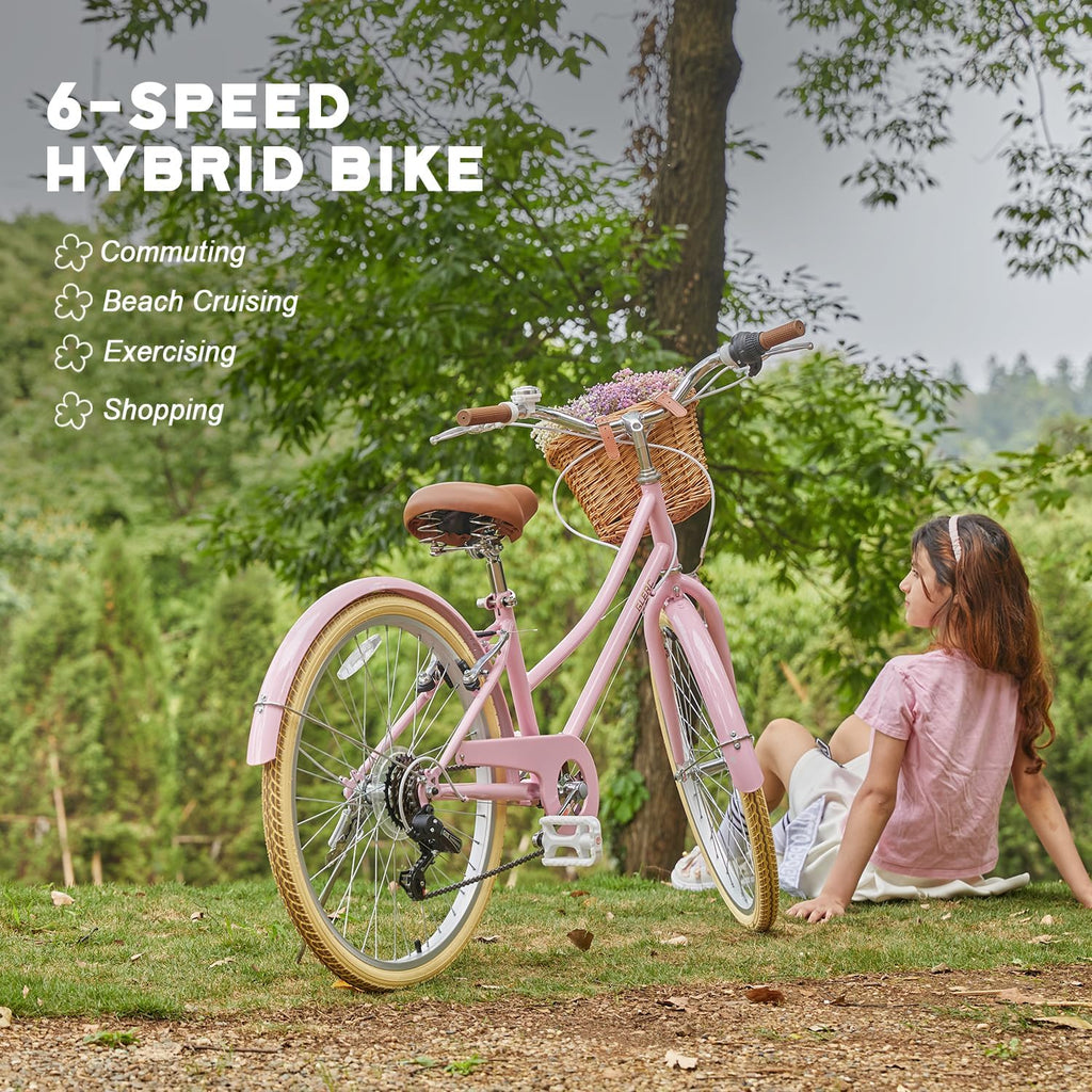 Glerc Missy 20, 24, 26 pulgadas bicicleta híbrida urbana tipo crucero para niñas, de 6 velocidades, con cesta de mimbre, para jóvenes mayores de 6 años, varios colores