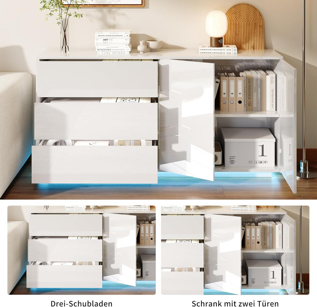 Cómoda blanca de alto brillo con iluminación LED, aparador blanco de alto brillo de 160 cm con 2 puertas y 3 cajones, alacena de cocina, mueble buffet moderno para dormitorio, comedor, oficinas y recibidor