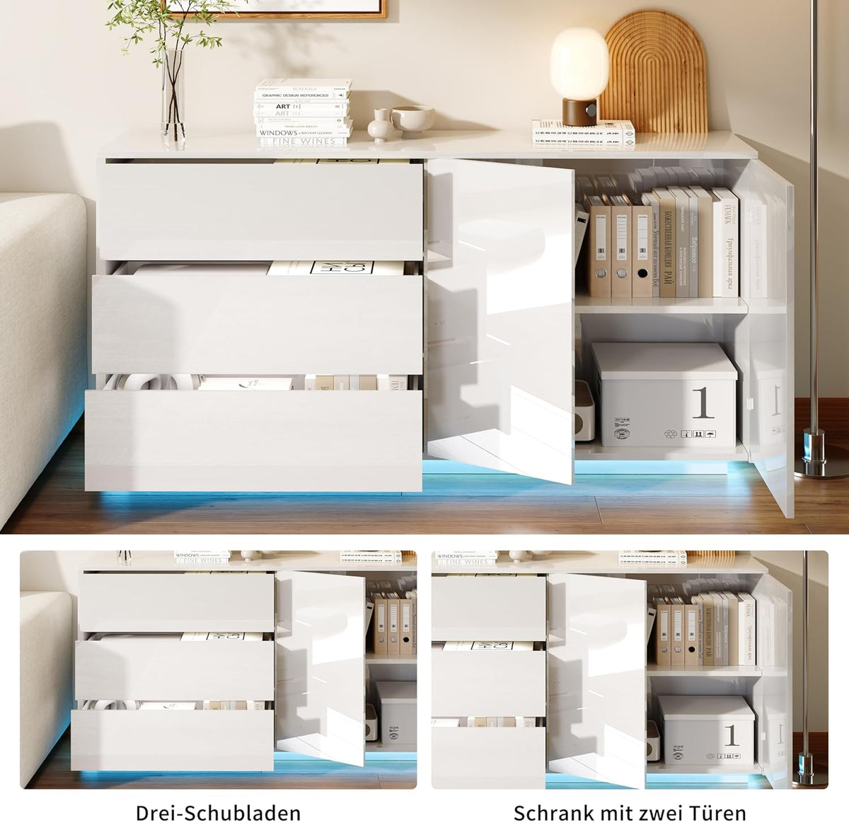 Cómoda blanca de alto brillo con iluminación LED, aparador blanco de alto brillo de 160 cm con 2 puertas y 3 cajones, alacena de cocina, mueble buffet moderno para dormitorio, comedor, oficinas y recibidor