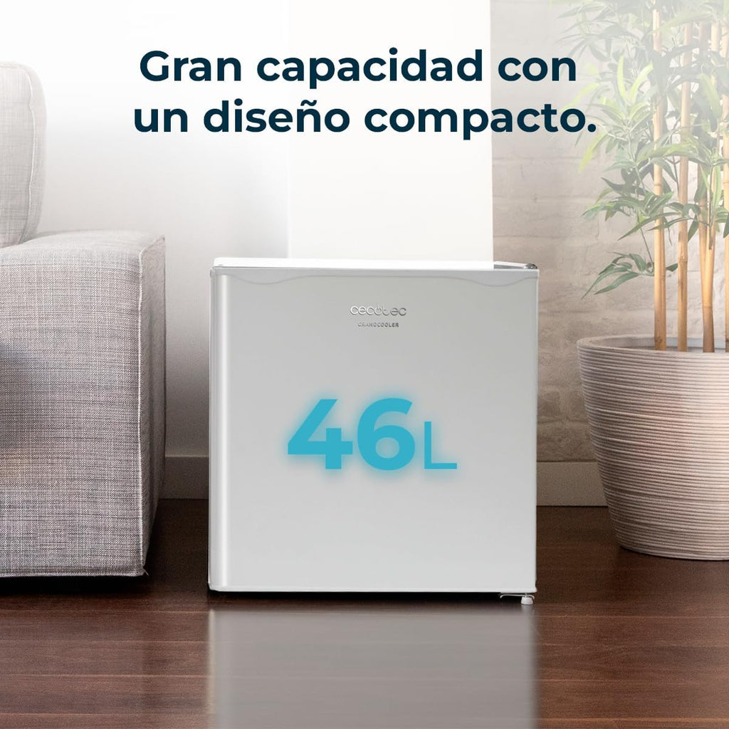 Cecotec Nevera Pequeña Frigorífico Mini Minibar 46L GrandCooler 20000 SilentCompress White E. Altura 48,7cm, 48 cm de ancho, bajo consumo, puerta reversible, funcionamiento cíclico, blanco
