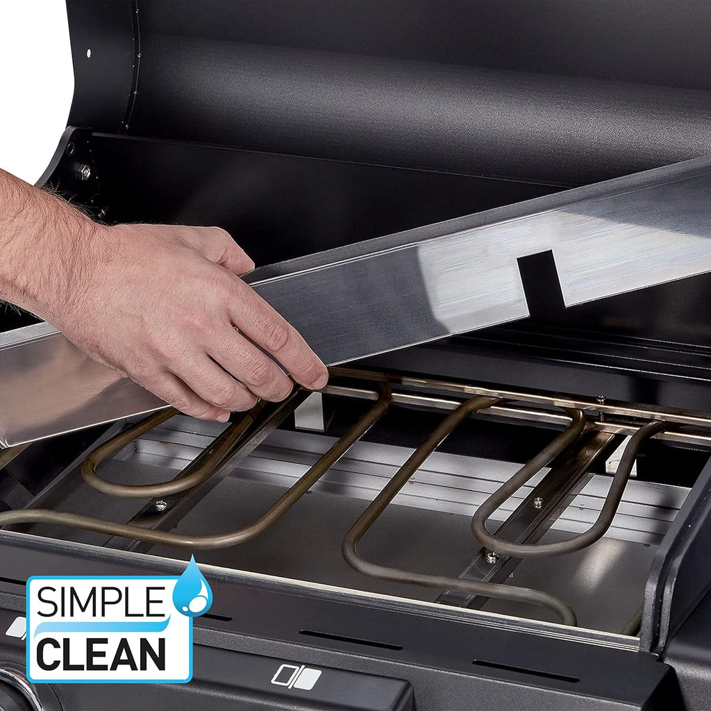 Barbacoa eléctrica Enders eCRAVE 2, con parrilla de hierro fundido, carrito con amplio espacio de almacenamiento, sistema de limpieza SIMPLE CLEAN™, 2 potentes elementos calefactores, tapa de cocción estable con termómetro integrado #97116