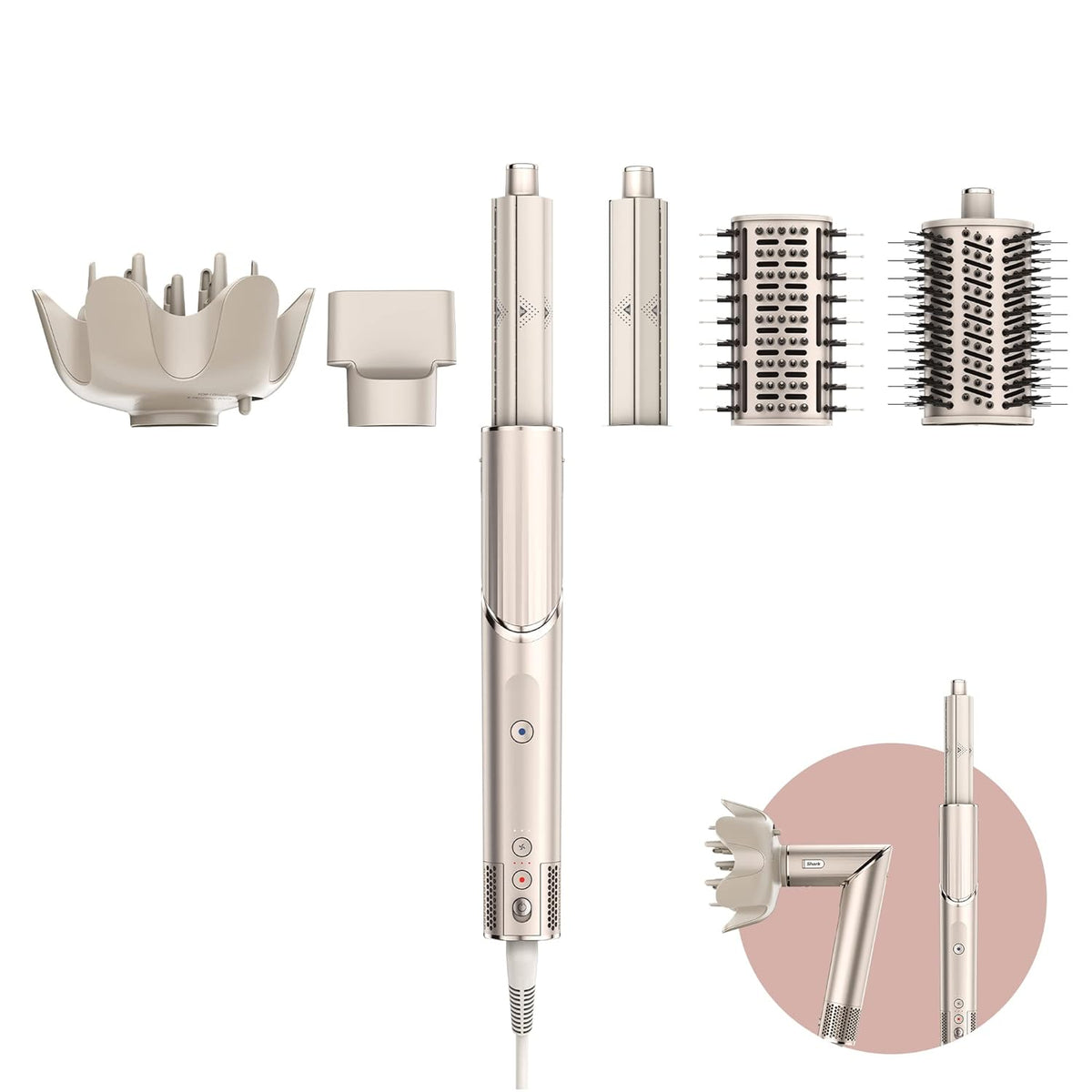 Shark FlexStyle 5 en 1, moldeador de aire y secador de pelo, accesorio rizador Auto-Wrap, cepillo plano, cepillo ovalado, concentrador, difusor, estuche de almacenamiento, sin daños por calor, negro/oro rosa, HD440EU