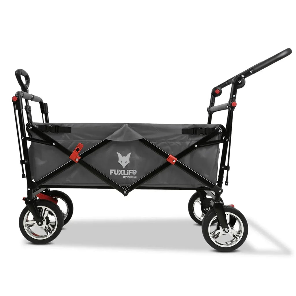 Carrito de mano plegable y compacto Fuxtec FX-CT700 gris, con frenos, asiento acolchado, mango ajustable en altura, para excursiones