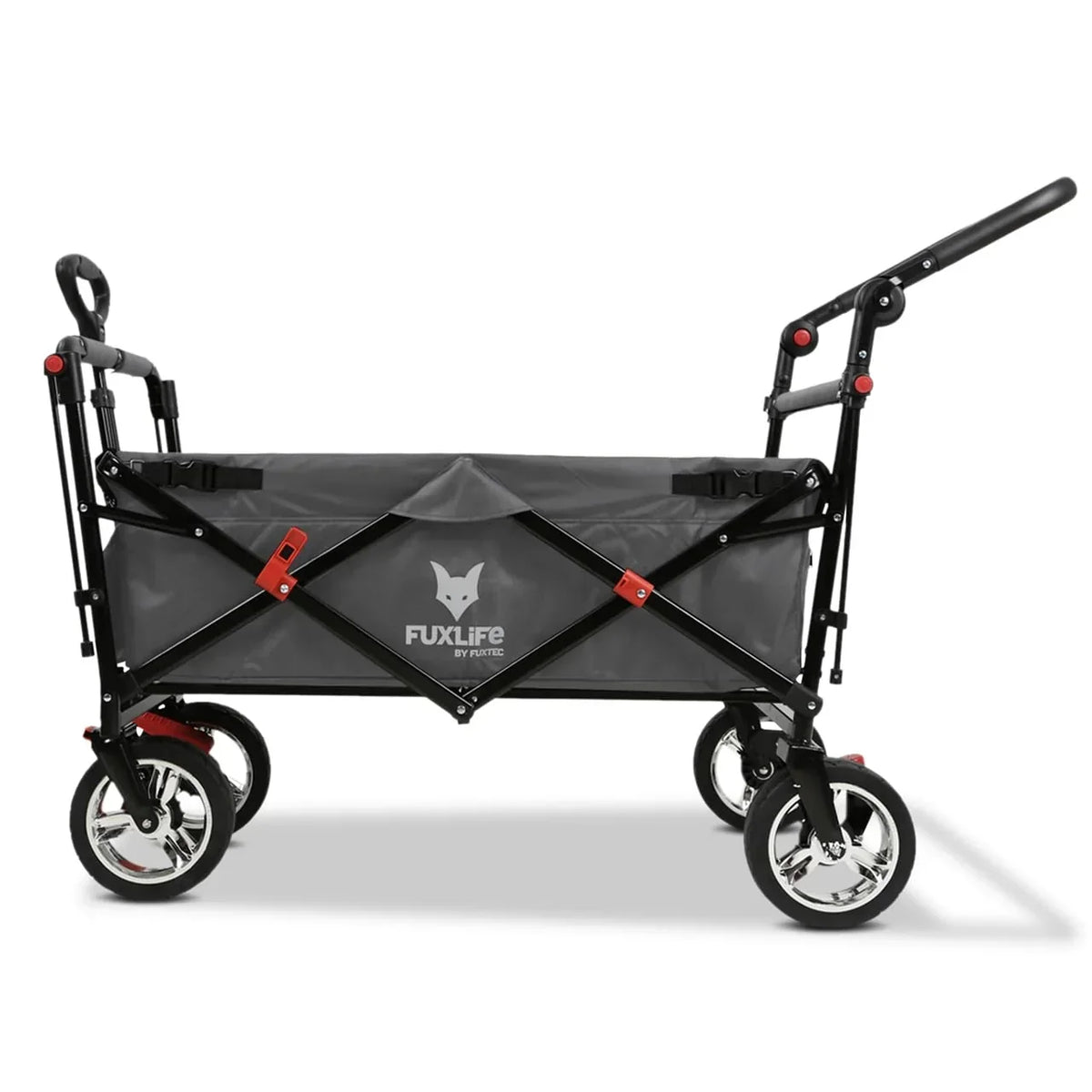 Carrito de mano plegable y compacto Fuxtec FX-CT700 gris, con frenos, asiento acolchado, mango ajustable en altura, para excursiones