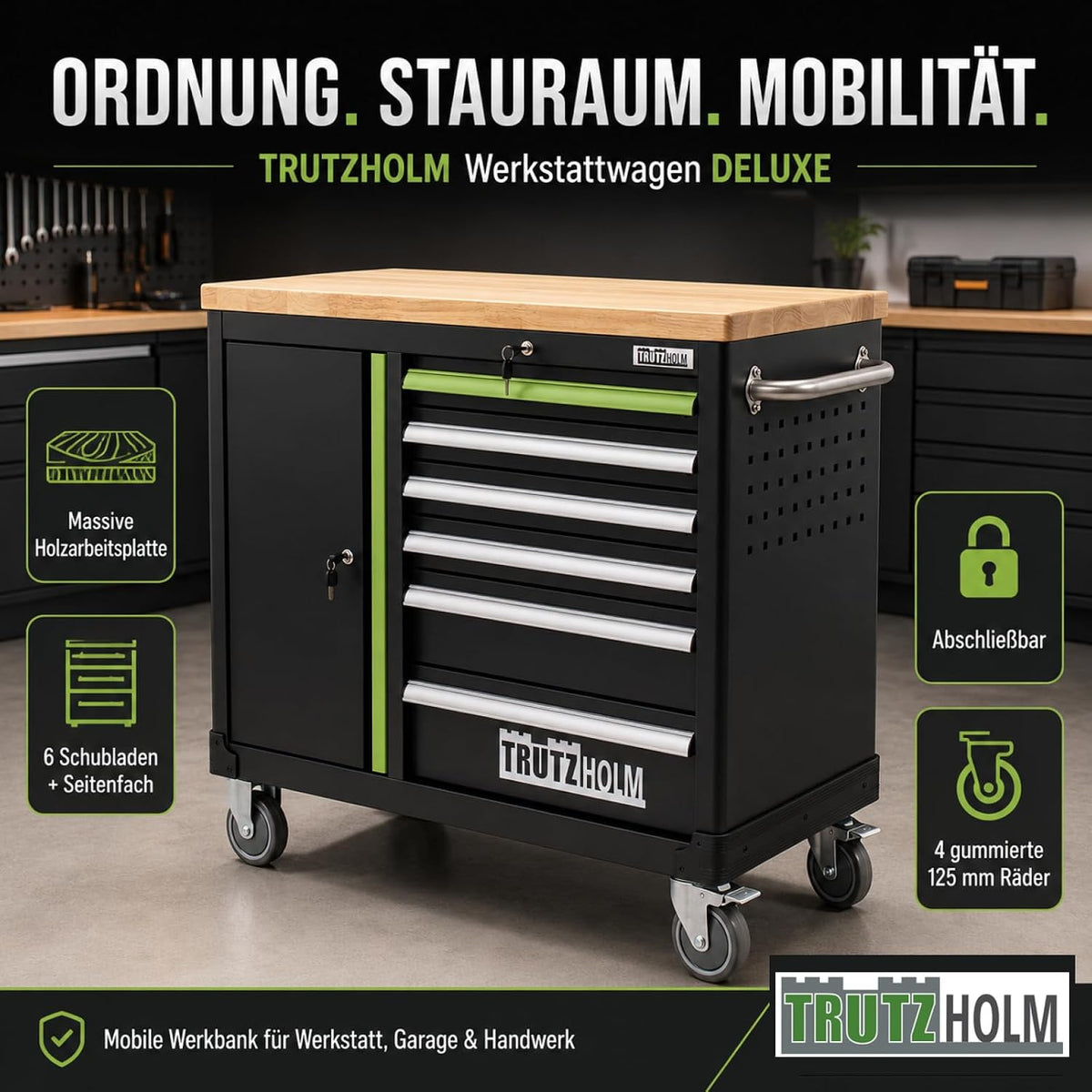 TRUTZHOLM Carro de herramientas vacío Deluxe, carro de taller con 6 cajones y compartimento con puerta, armario de herramientas con cerradura y ruedas con encimera de madera maciza, banco de trabajo móvil 108 x 46,5 x 77 cm, verde/negro