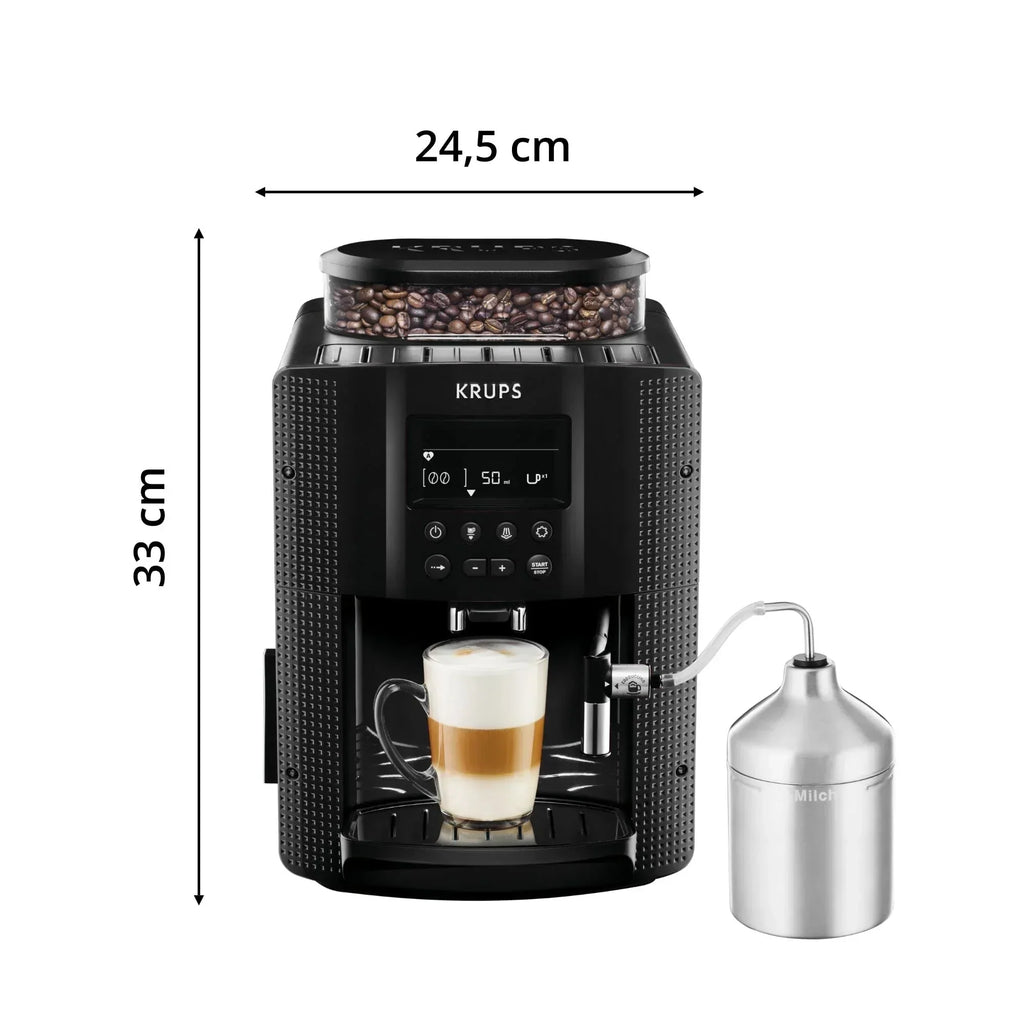 2025 Krups Essential - Cafetera superautomática, 15 bares de presión, molinillo cónico de metal, con selección de cantidad e intensidad de café, 1,7 l, 1 taza, acero, pantalla LCD + accesorios para leche