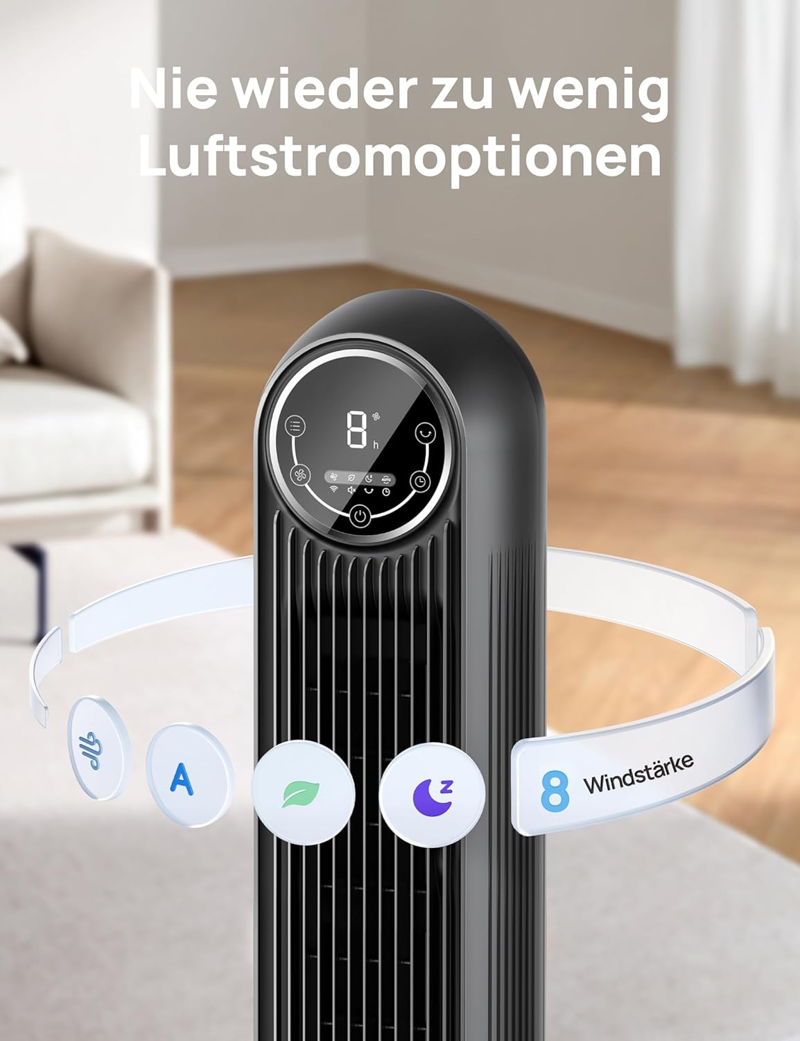 Ventilador de torre inteligente y silencioso DREO, control por APP y voz, ventilador oscilante de 90° con mando a distancia, 4 modos, 4 velocidades, temporizador de 8 h, Nomad One S, negro