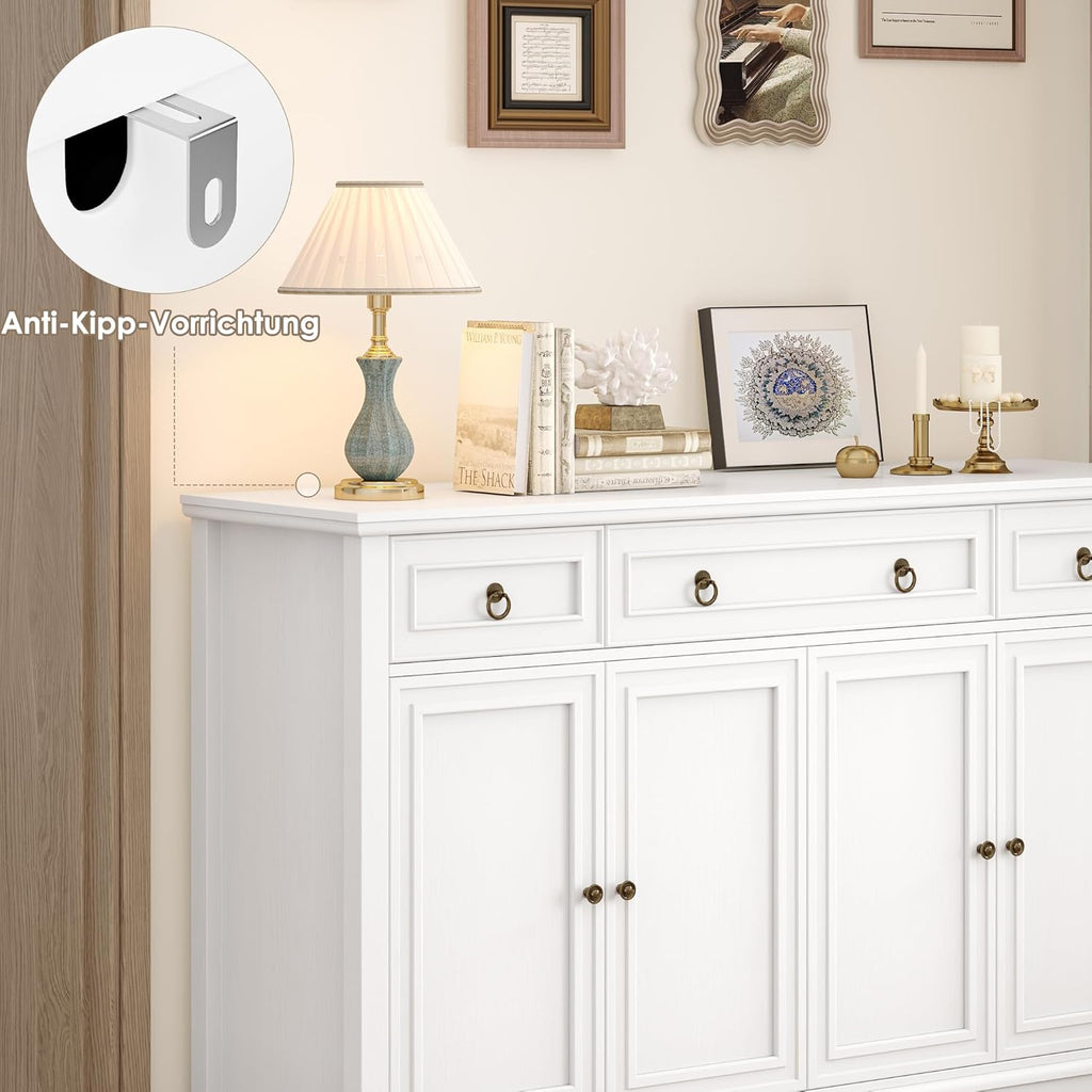 Aparador FirFurd, mueble de cocina con encimera, armario buffet para cocina y salón, mueble de salón con 3 cajones y 4 puertas, buffet de cocina con estante ajustable, 134x87x40 cm, blanco