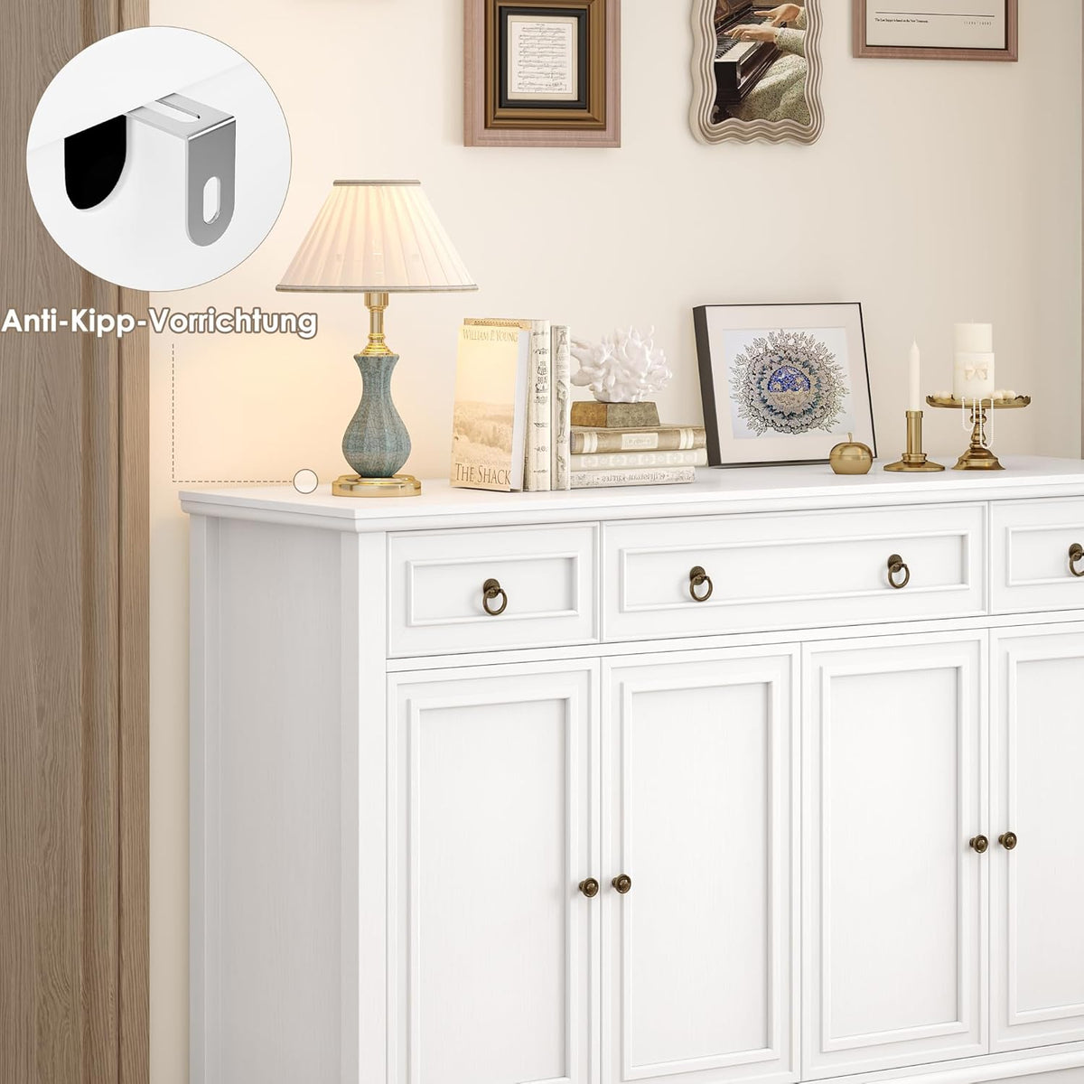 Aparador FirFurd, mueble de cocina con encimera, armario buffet para cocina y salón, mueble de salón con 3 cajones y 4 puertas, buffet de cocina con estante ajustable, 134x87x40 cm, blanco
