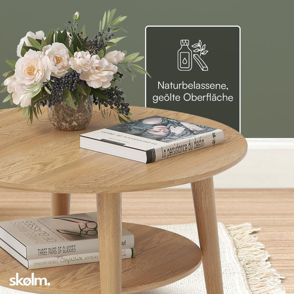 Mesa de centro redonda skølm Mjölnir Ø70 cm – Mesa de salón de madera maciza de roble – Mesa de sofá con 2 estantes – Mesa auxiliar pequeña con acabado de aceite natural – Mesa de madera para salón con espacio de almacenamiento – Coffee Table