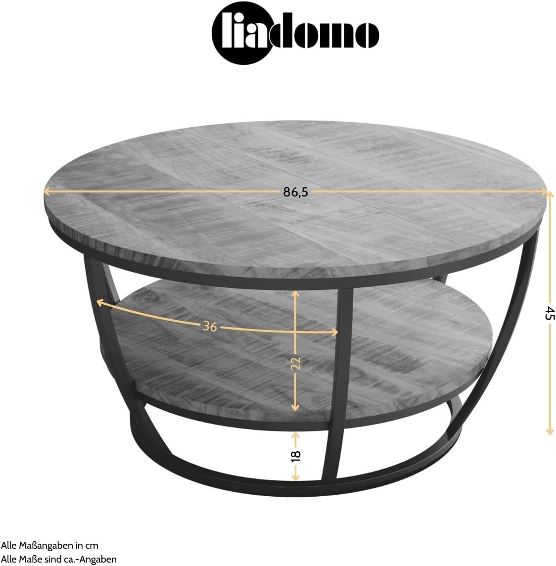 Mesa de centro Gianna, redonda 86 cm, mesa de salón, mesa auxiliar, tablero de madera de mango, estructura de metal con recubrimiento en polvo negro, con estante adicional, robusta, de fácil mantenimiento