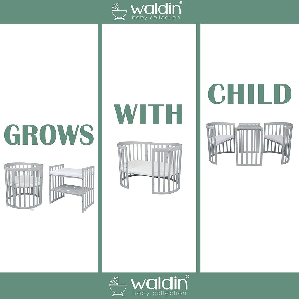Cuna ovalada evolutiva Waldin, set completo 7 en 1, cuna de barrotes, cama infantil con colchón, cambiador, cuna colecho, madera blanca