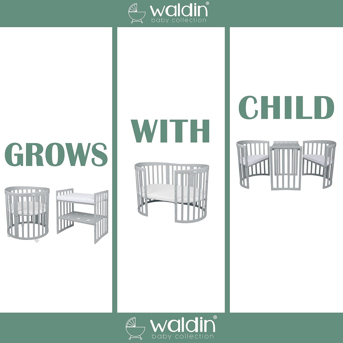 Cuna ovalada evolutiva Waldin, set completo 7 en 1, cuna de barrotes, cama infantil con colchón, cambiador, cuna colecho, madera blanca